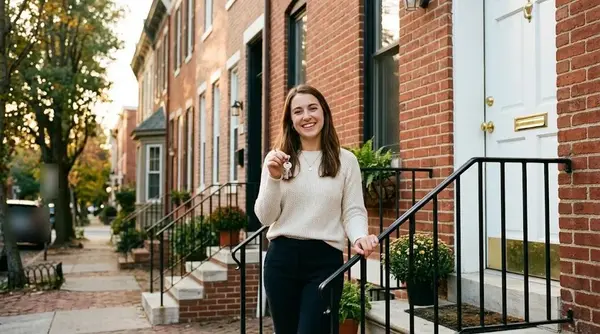 Young professional holding house keys on the front steps of a Maryland rowhouse