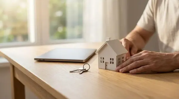 Hand resting beside a small model house and house keys on a desk while weighing whether to buy down a mortgage rate