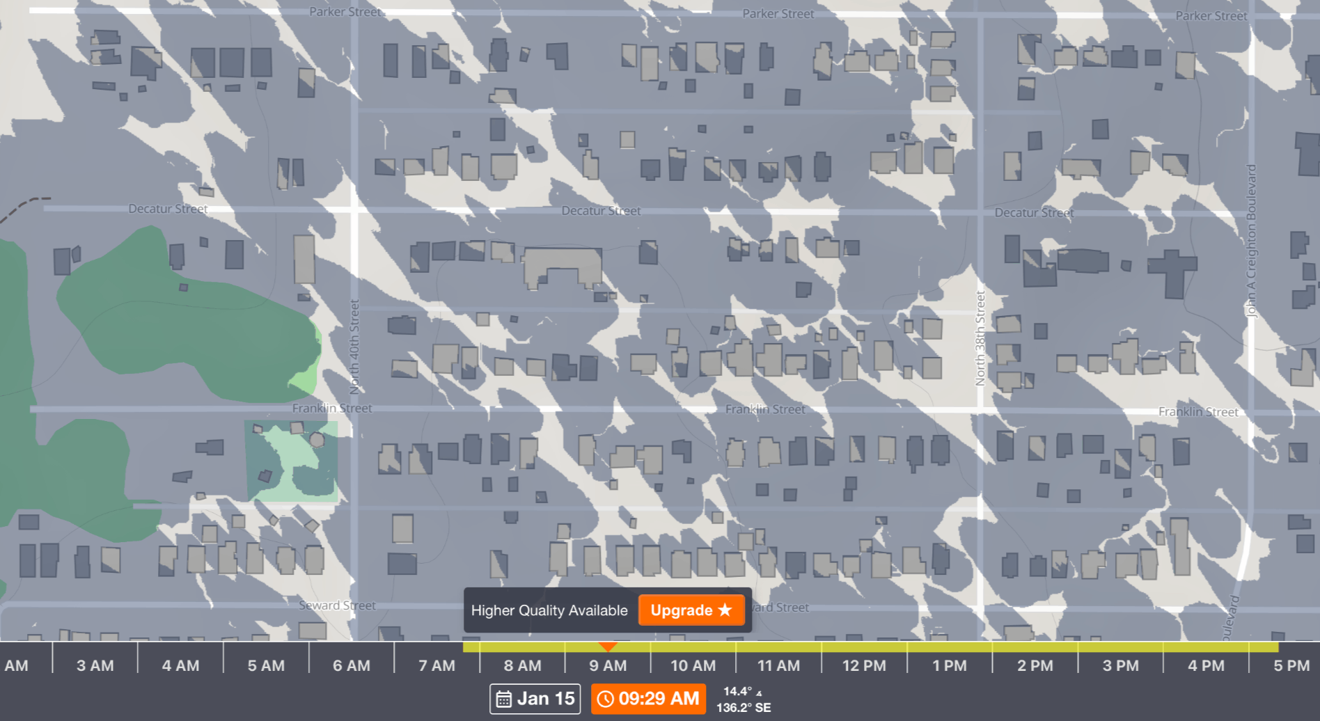 ShadeMap of an Omaha neighborhood around North 40th and Franklin Streets on a January morning, showing long shadows covering most yards and driveways