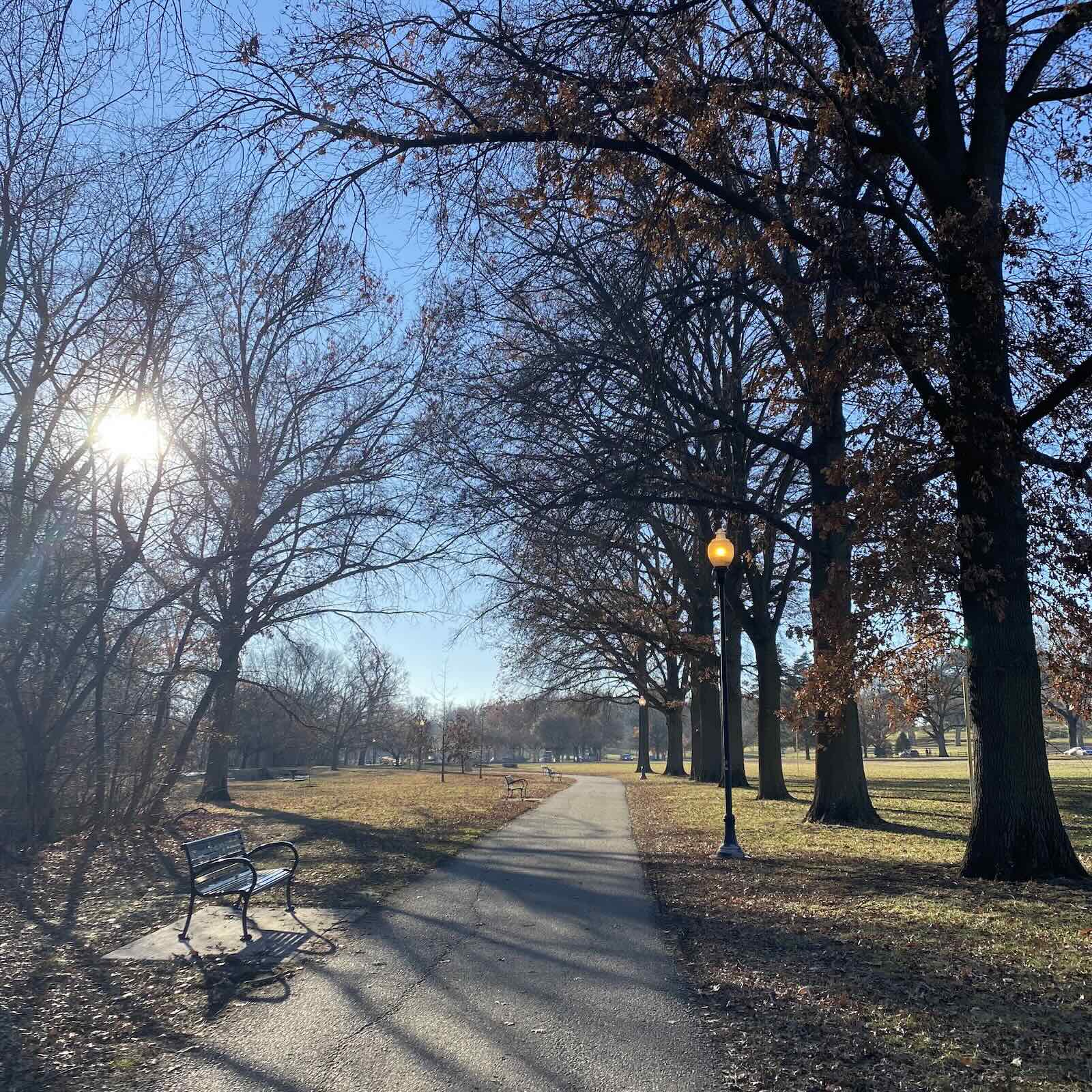 Tree-lined walking path with vintage lamp posts in Elmwood Park, Omaha