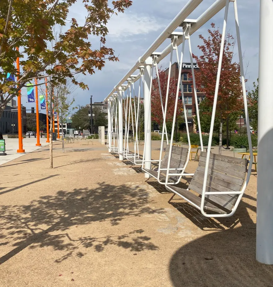Seating and shade structures at the rebuilt Gene Leahy Mall in downtown Omaha