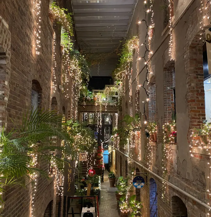 String lights and greenery in the Old Market Passageway in downtown Omaha, home to V. Mertz