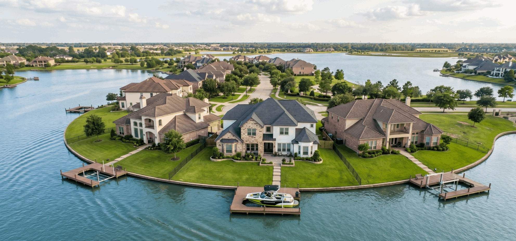 Towne Lake Cypress TX waterfront homes aerial view