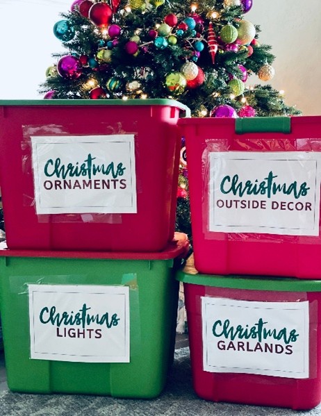 Holiday decorations stored in labeled bins for easy seasonal organization