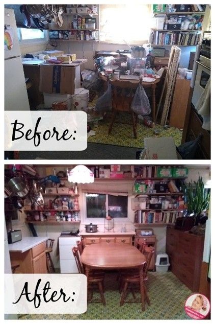 Before and after home decluttering showing improved organization and open space
