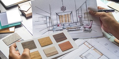 Home renovation planning with design plans, budget notes, and material samples