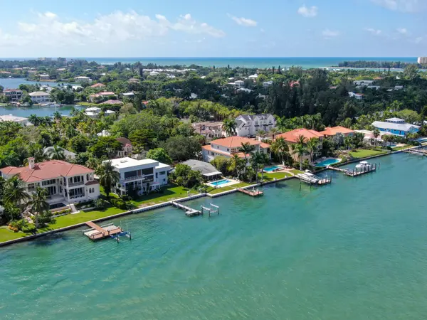 Aerial view of Bay Island neighborhood and luxury villas next the ocean, in Sarasota, Florida, USA