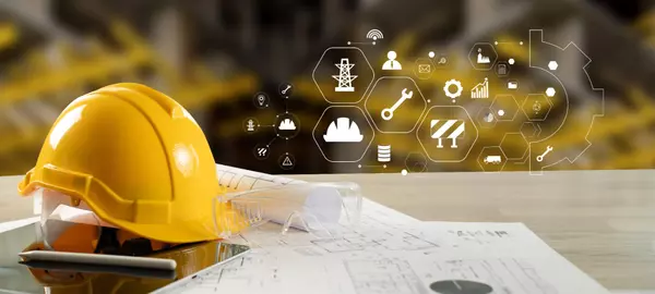Engineer architect industry 4.0 using tablet construction site, industrial and innovation infographic at building futuristic architect control innovation safety
