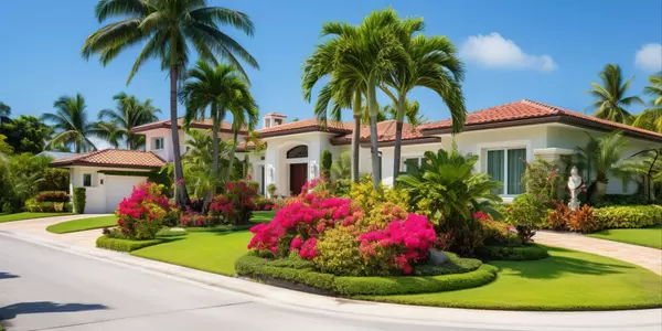 Facade of a beautiful house with a front garden of palm trees, short grass and tropical plants. (1)
