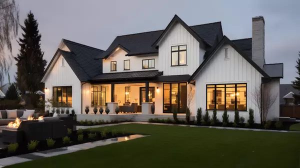 Beautiful modern farmhouse style luxury home exterior at twilight (2) (3)