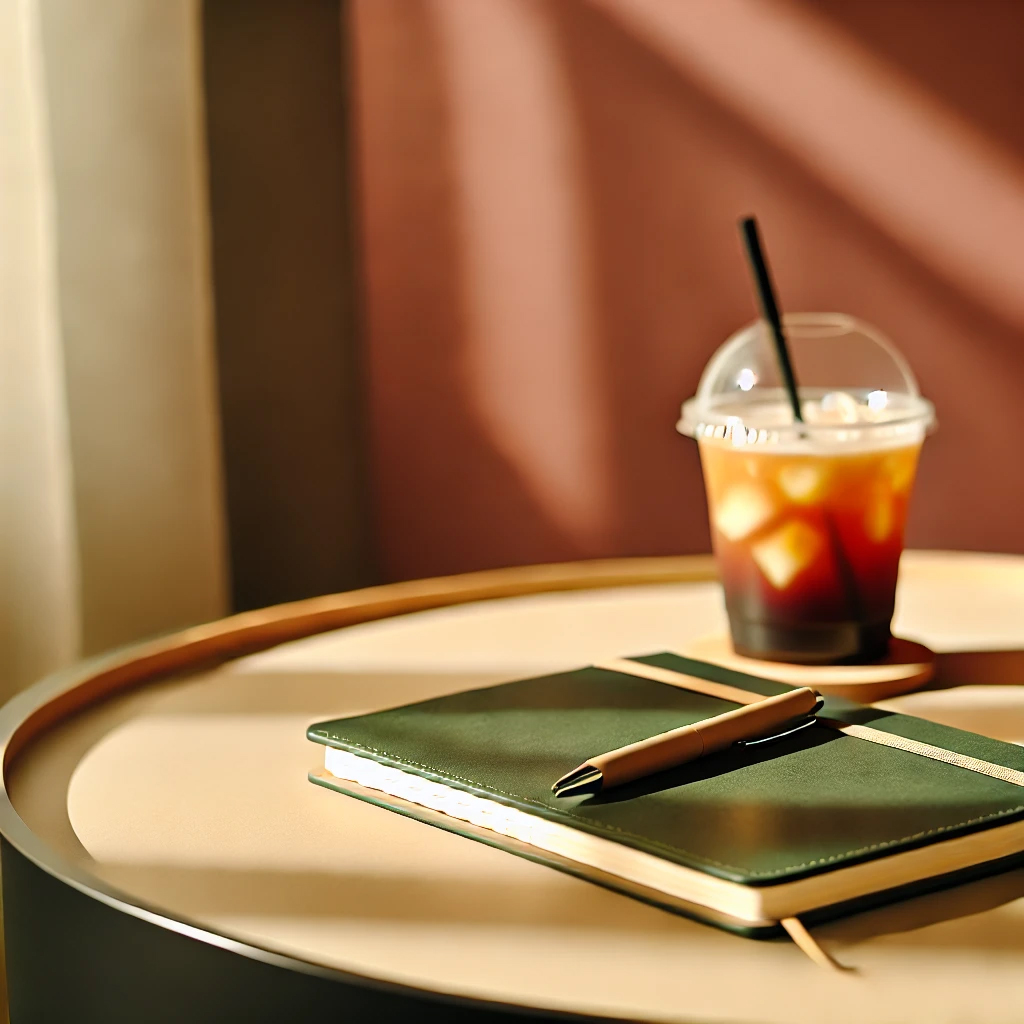 DALL·E-2024-09-06-13.22.06---A-minimalist-still-life-composition-featuring-a-notebook,-a-pen,-and-an-iced-drink-placed-on-a-modern,-stylish-desk.-The-desk-is-in-a-sunlit-room,-wit