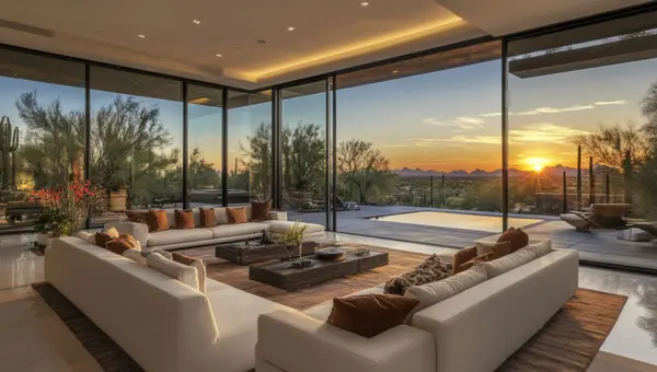 Open-plan living area with stunning sunset views