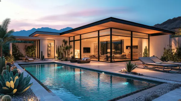 Modern geometric concrete home overlooking desert cityscape with swimming pool (1)