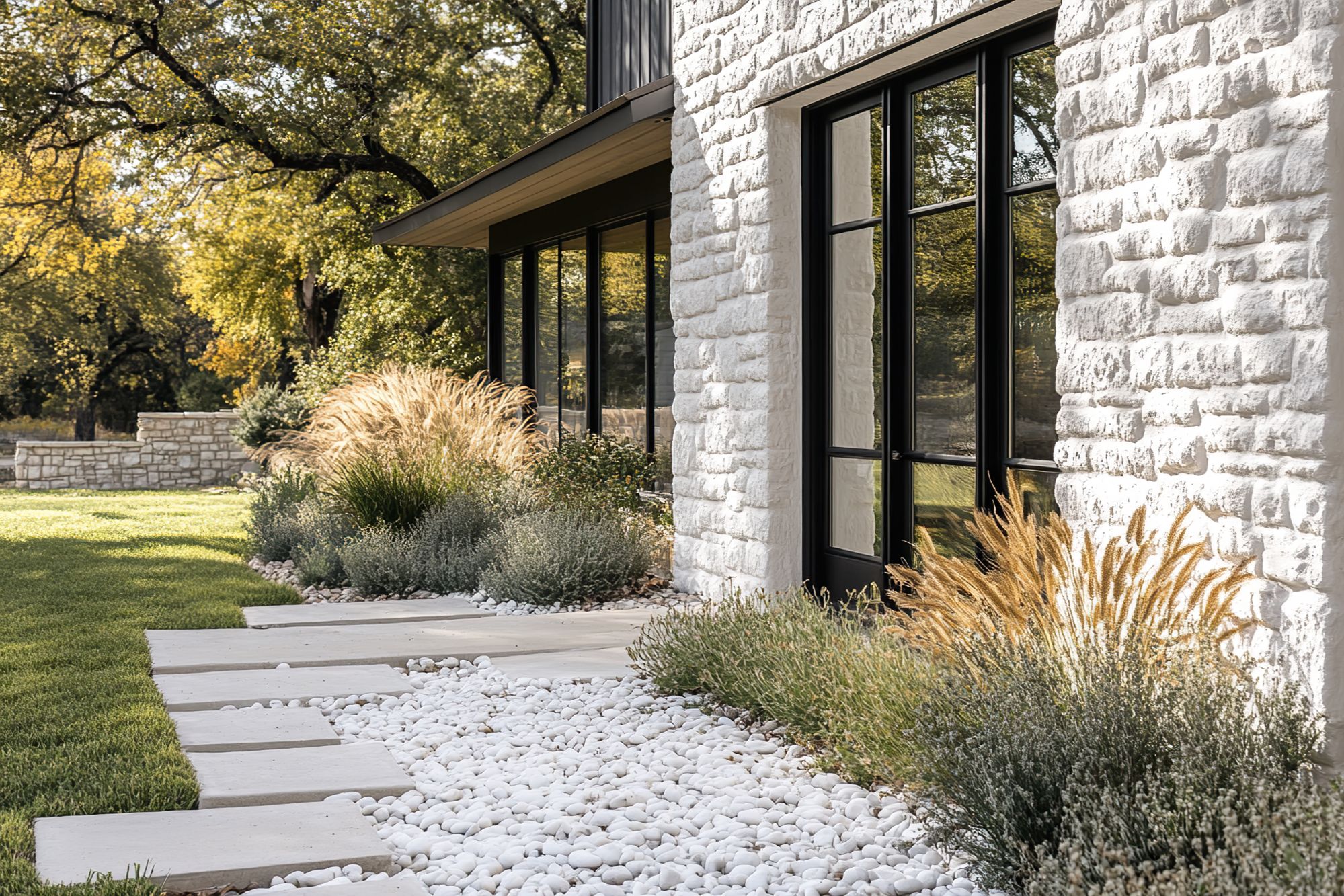 A modern farmhouse home with a large white stone exterior, black steel windows, and a modern landscape design featuring light grey pebbles on the ground