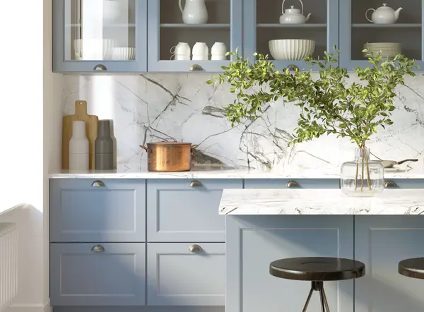 3d rendering of a light blue rustic country kitchen with white marble backsplash, an island and vintage stools, vertical closeup