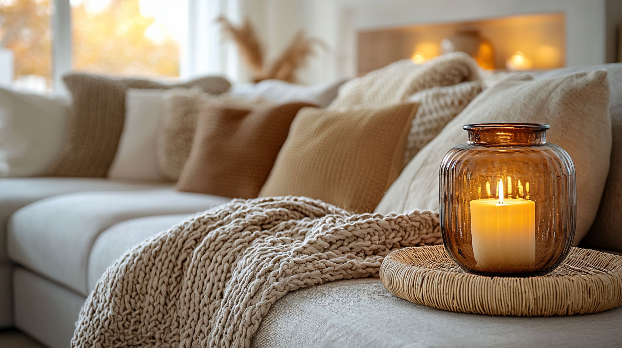 Cozy living room with warm lighting and textures