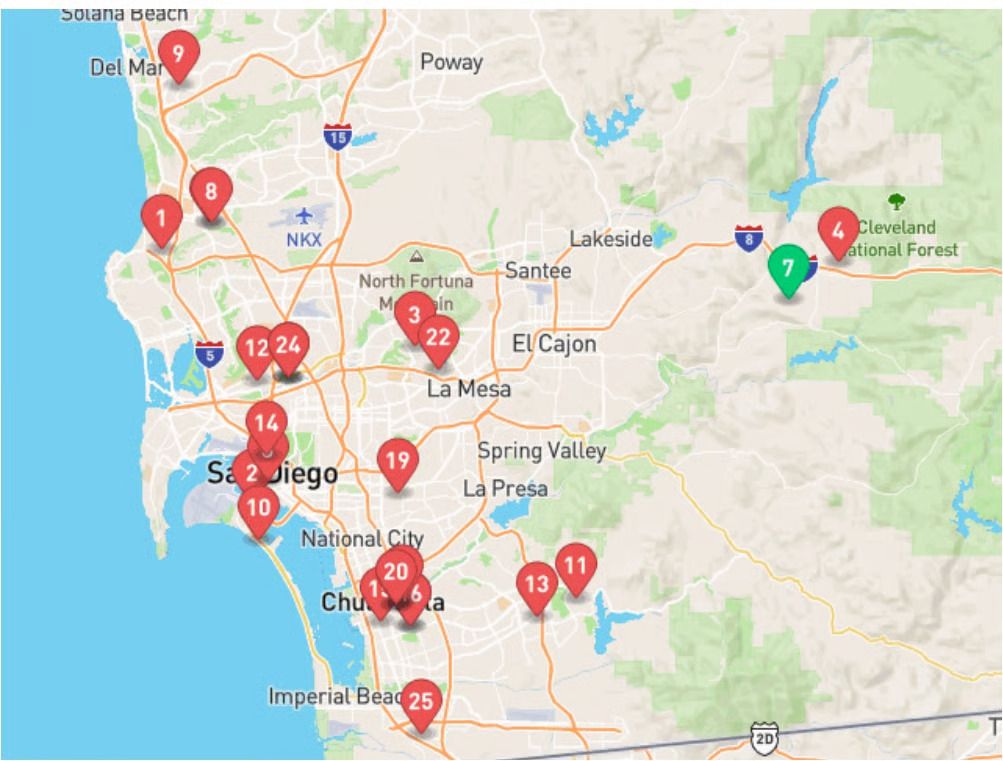 Map of Manuel's real estate sales throughout San Diego County