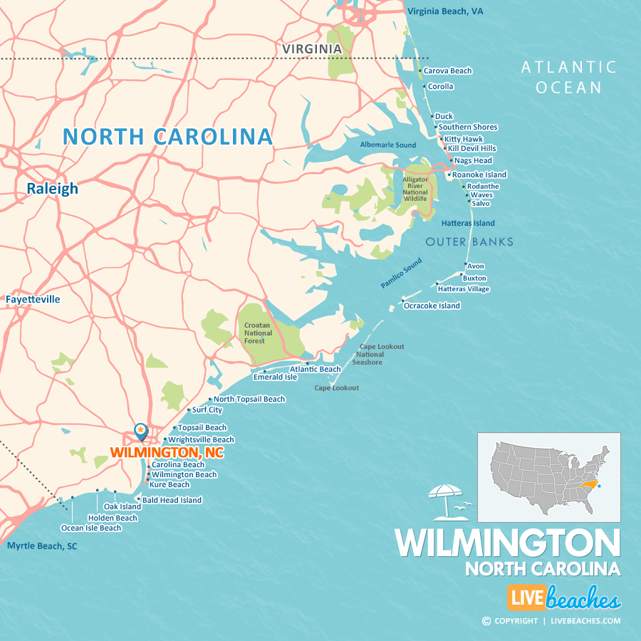 Map showing Wilmington, North Carolina and nearby coastal communities