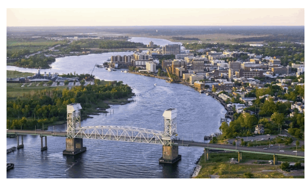 Aerial view of Wilmington and the Cape Fear River
