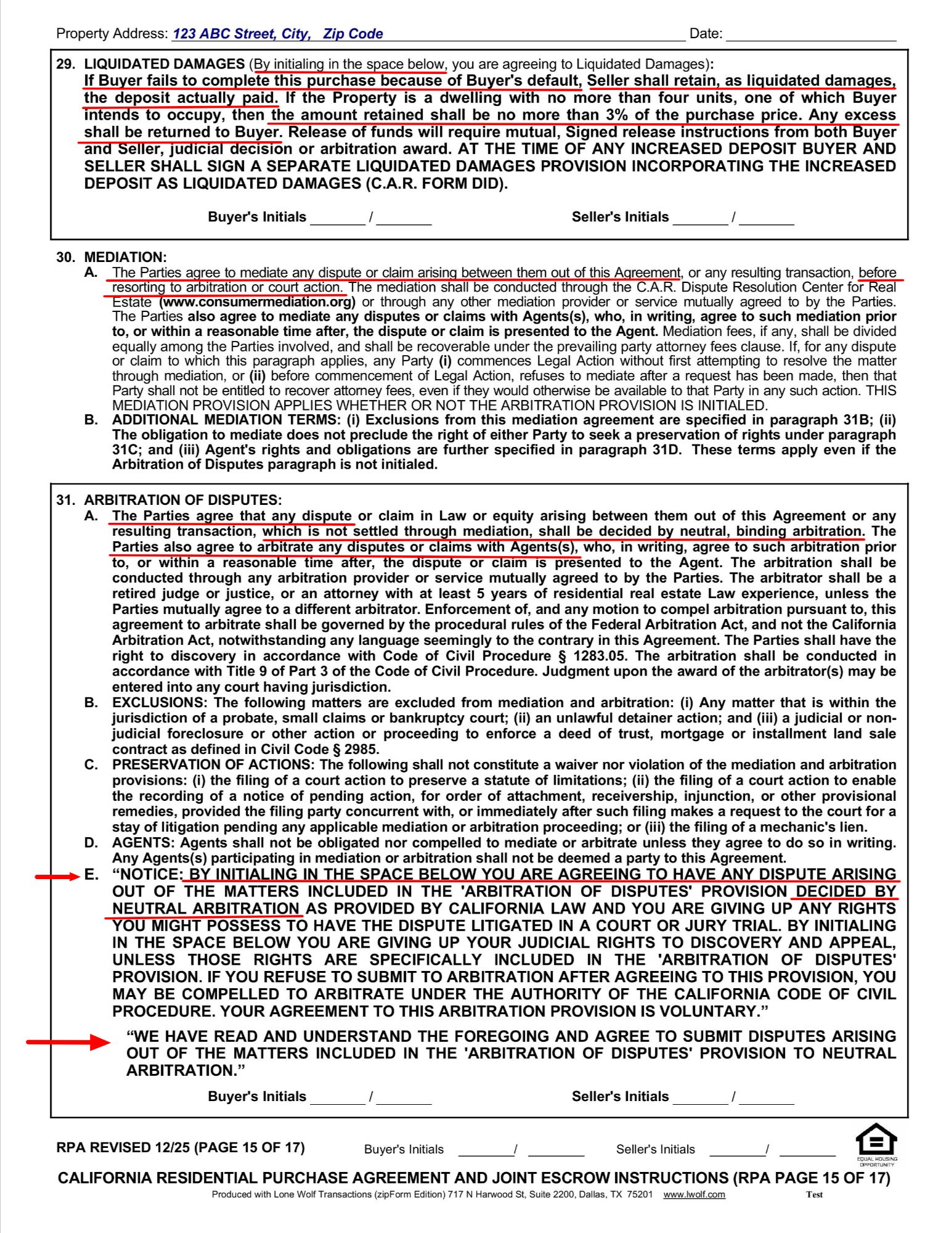 RPA Page 15, liquidated damages, mediation, and arbitration