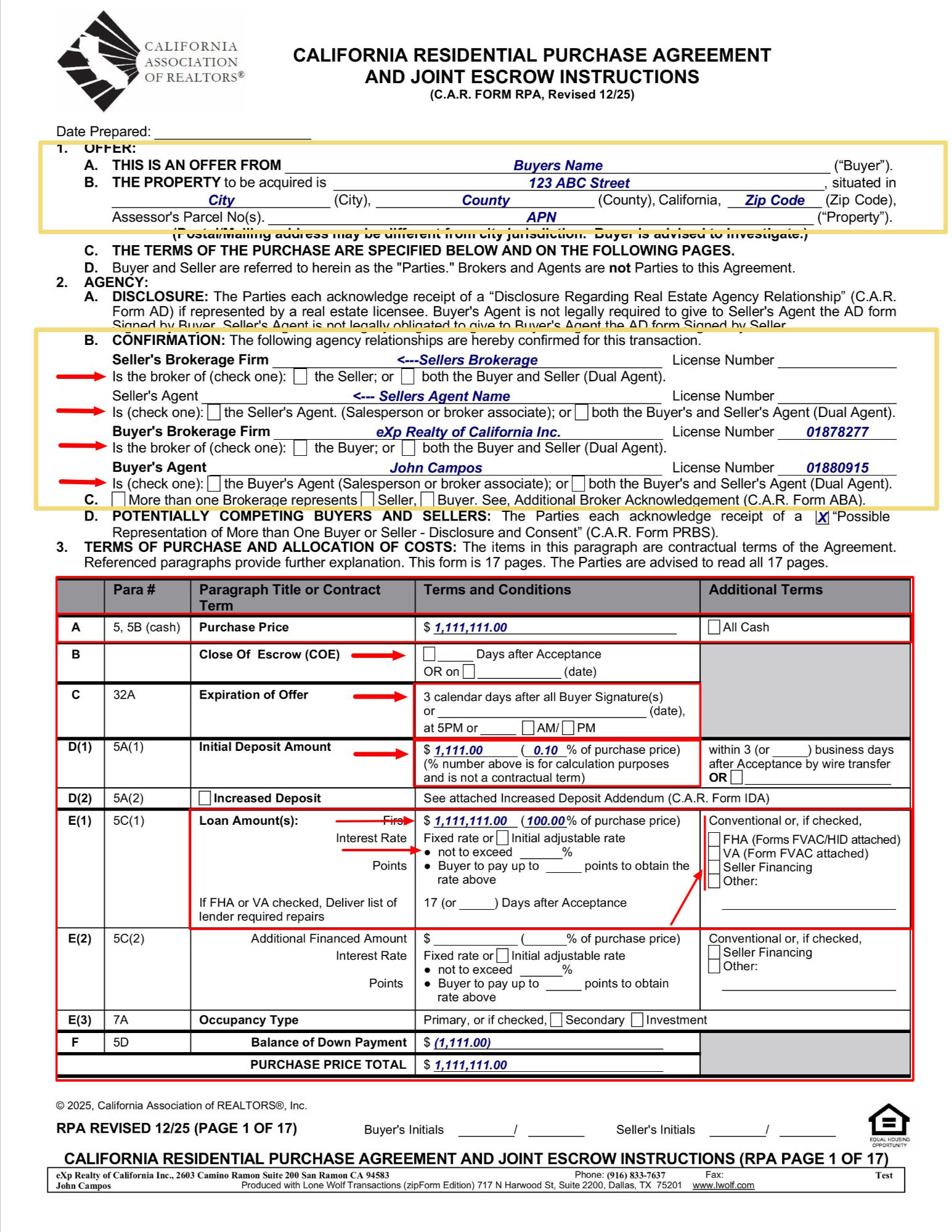 RPA Page 1, offer expiration and deposit terms