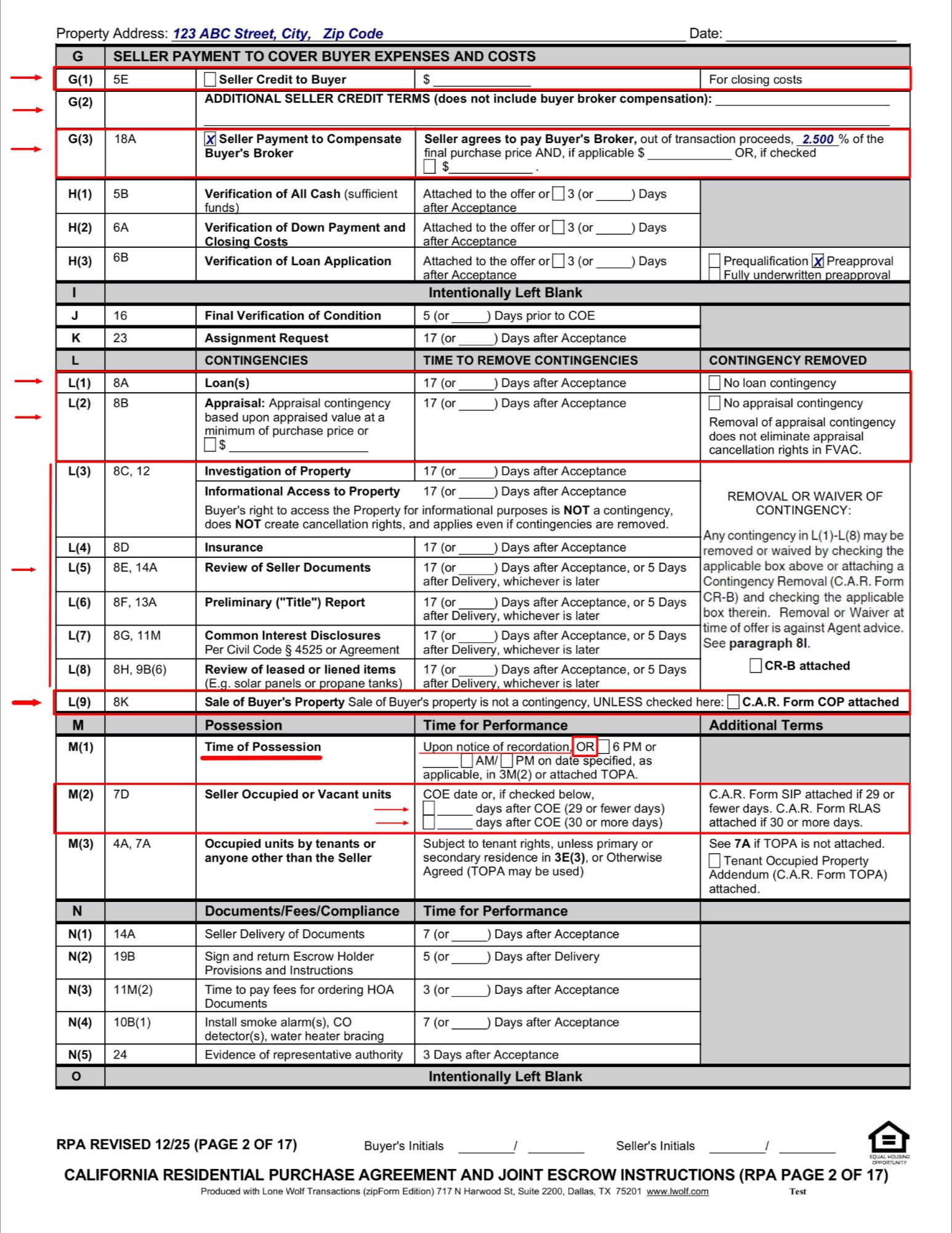 RPA Page 2, contingency timeframes and possession