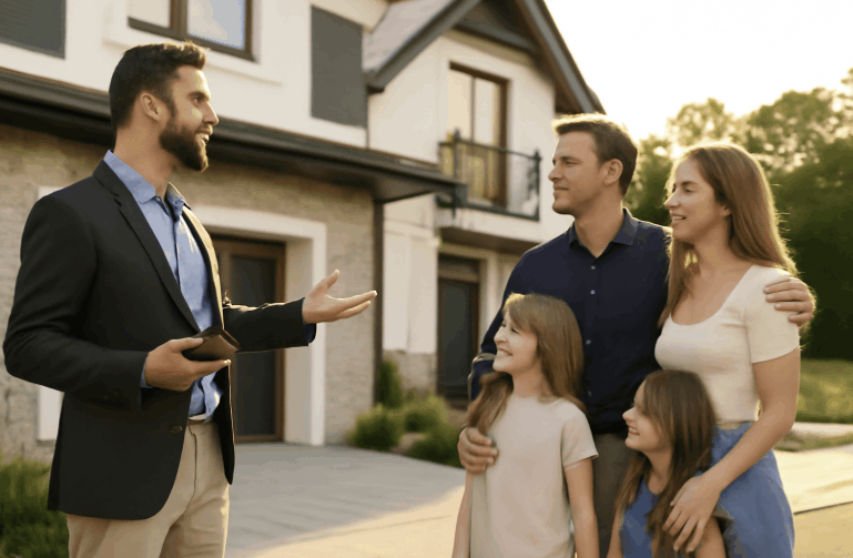 A real estate agent shows a family a modern suburban home, with sunlight highlighting the home&rsquo;s exterior and landscaped yard.
