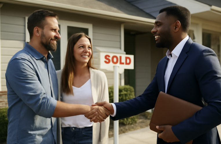 A real estate agent shakes hands with a couple outside their new home, with a "SOLD" sign in the background.