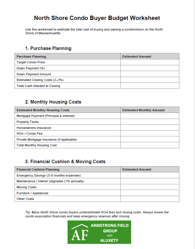 Armstrong Field Group's Massachusetts Condo Budget Worksheet