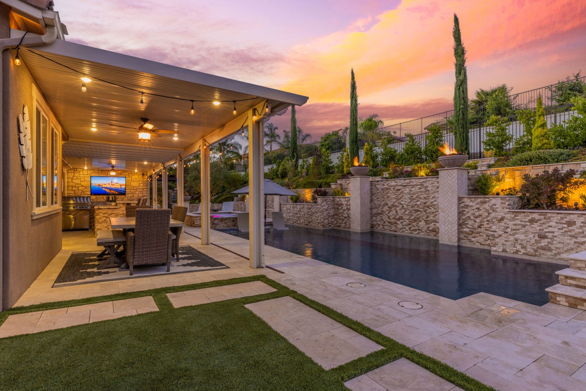 Resort style backyard pool and water features at 46394 Durango Drive