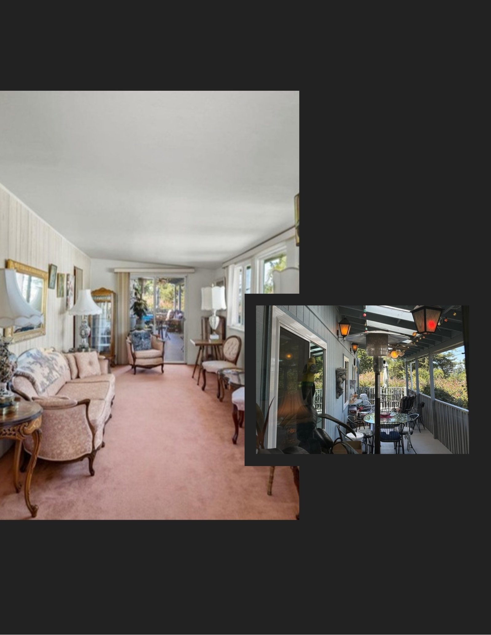 Original living room with pink carpet and covered porch