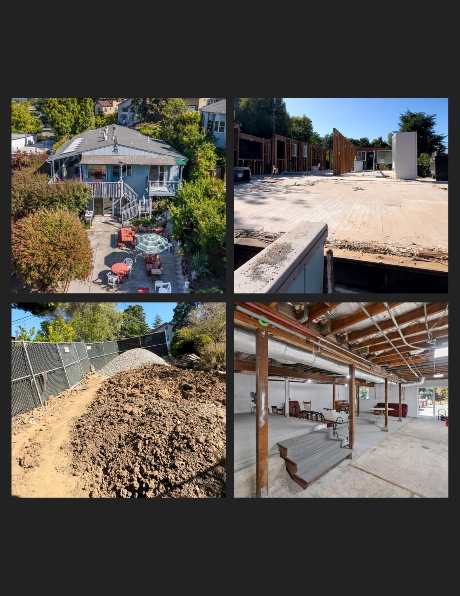 Four views: original home, new slab, excavation and lower level