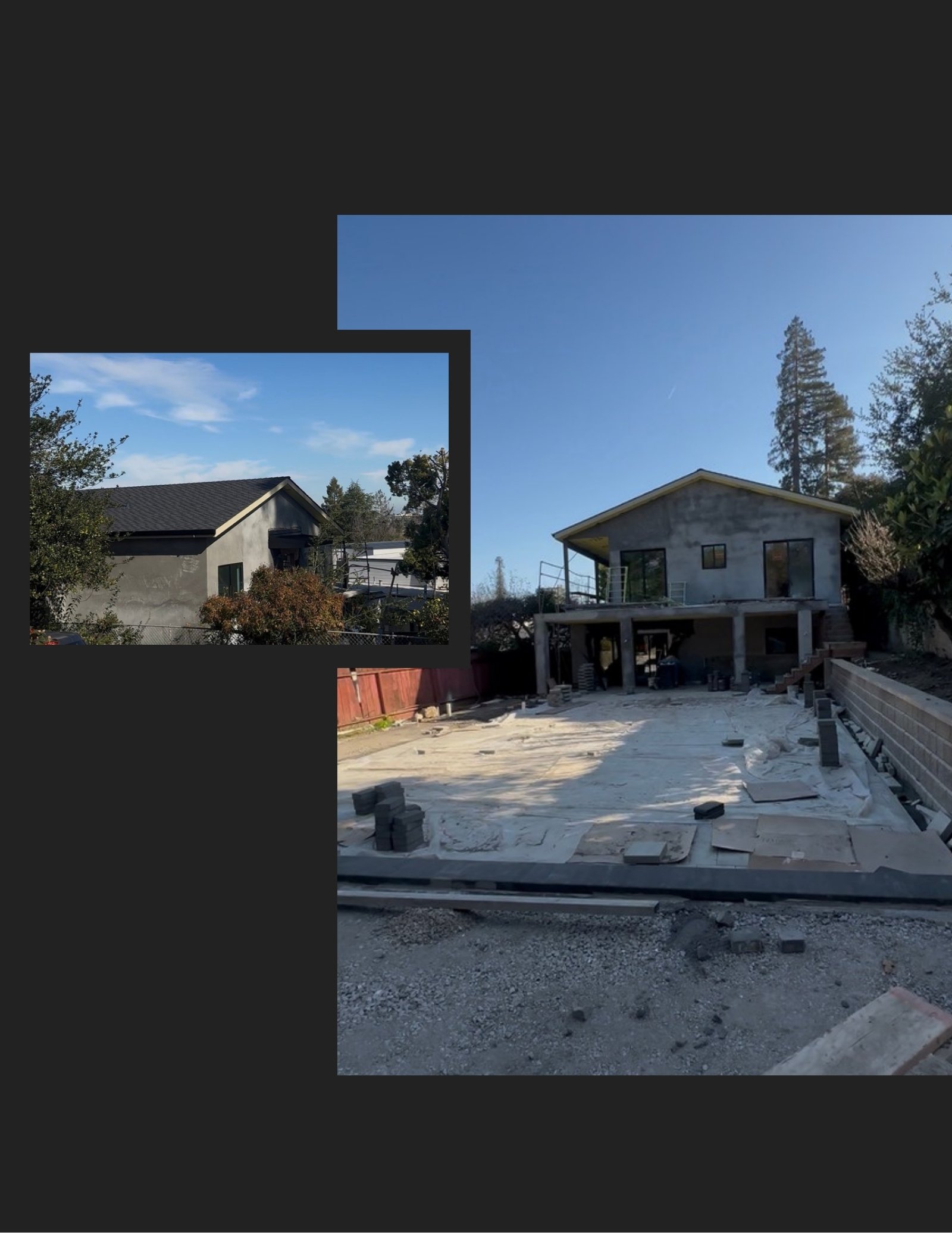 New roof and stucco base coat over the lower level