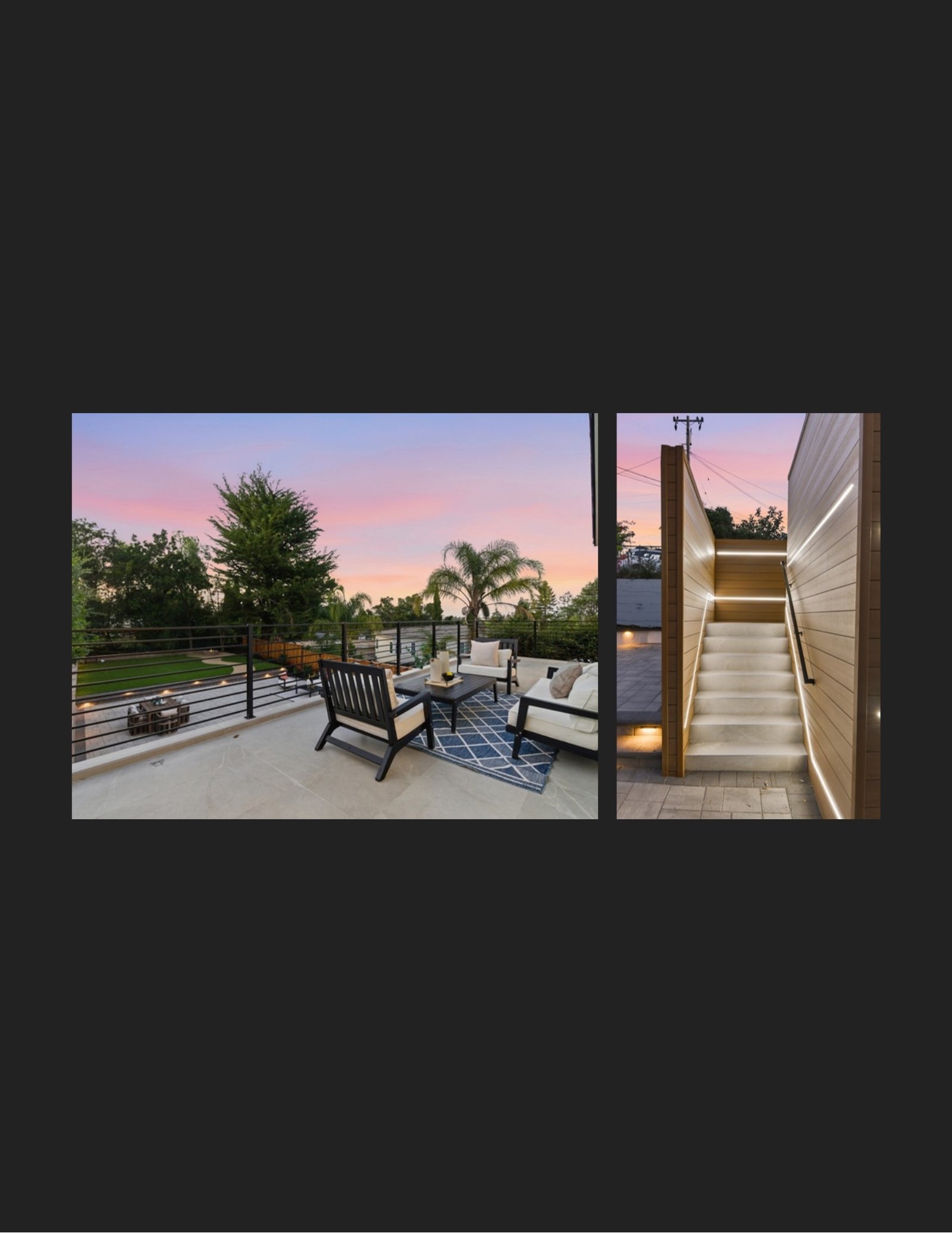 Finished deck at sunset and the lighted stairs