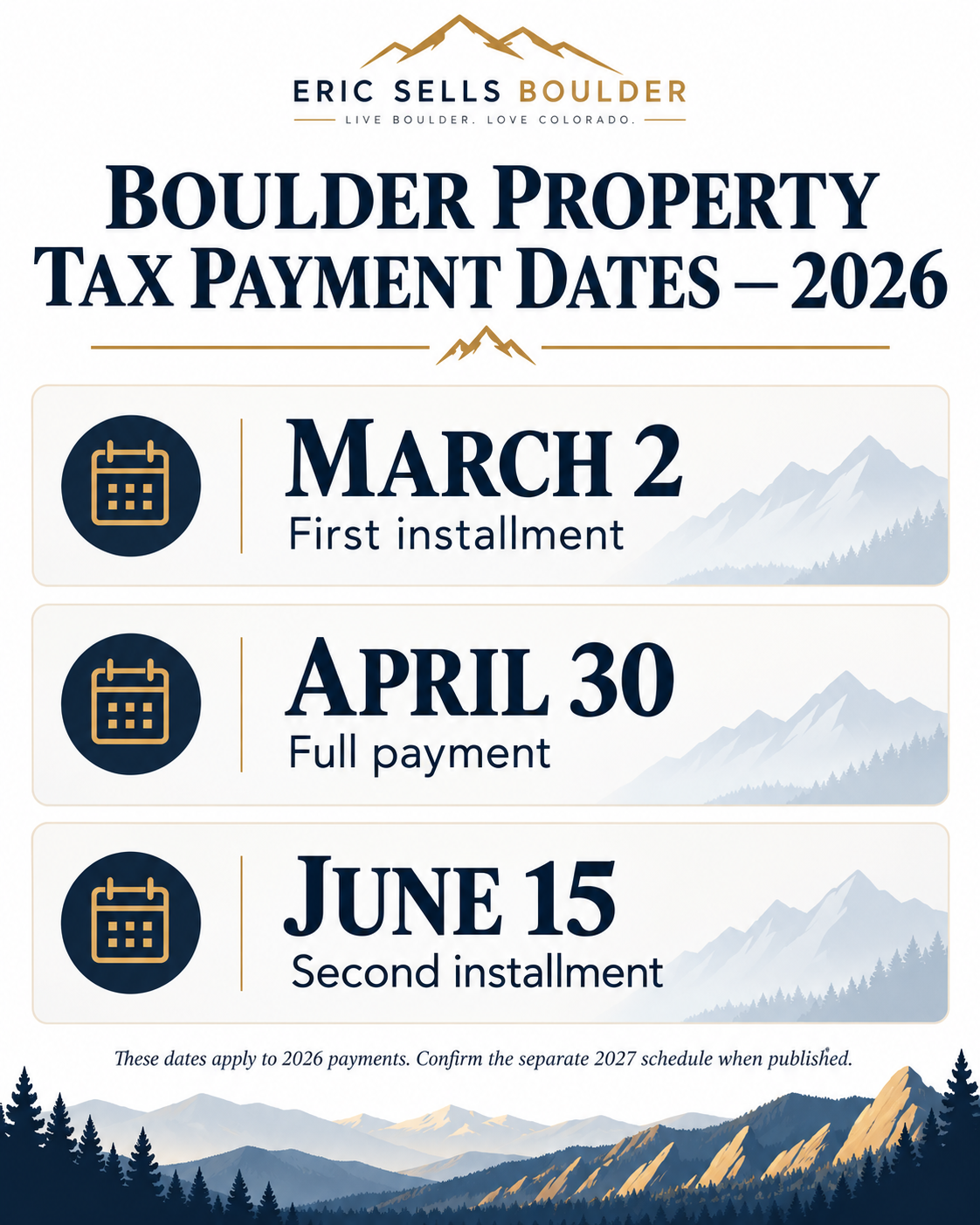 Boulder County property tax payment deadlines for 2026
