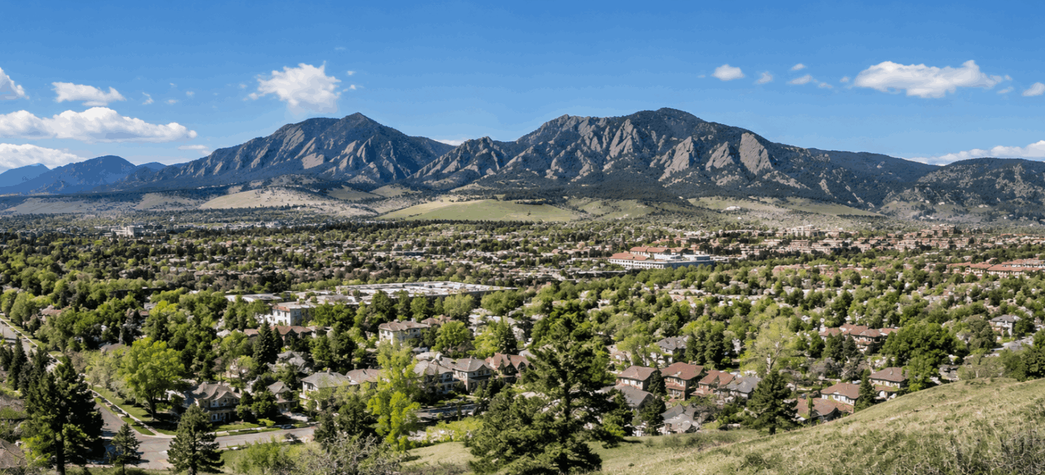 Panoramic view of Boulder Colorado neighborhoods and surrounding foothills