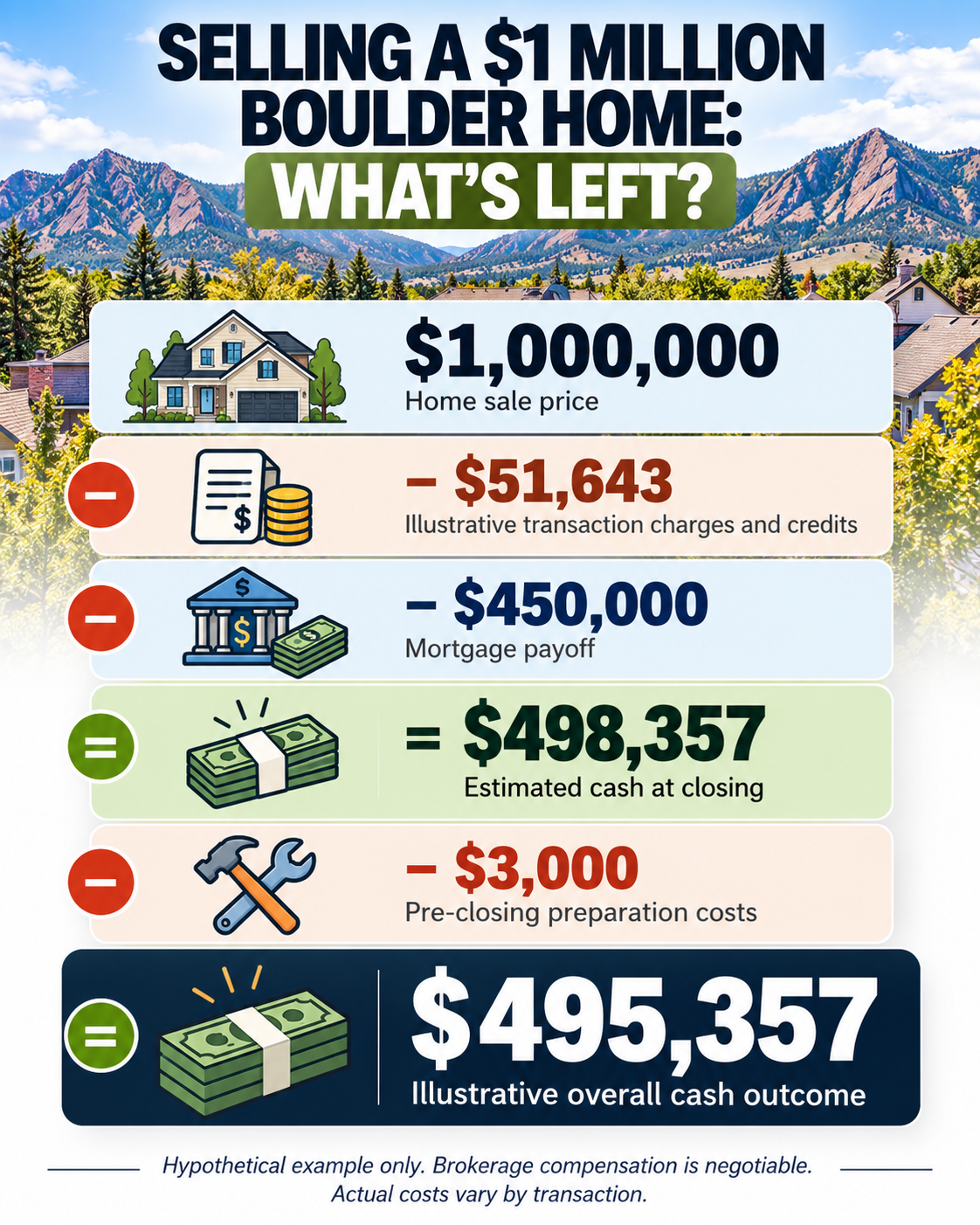 Example seller net proceeds calculation for a one million dollar Boulder home sale