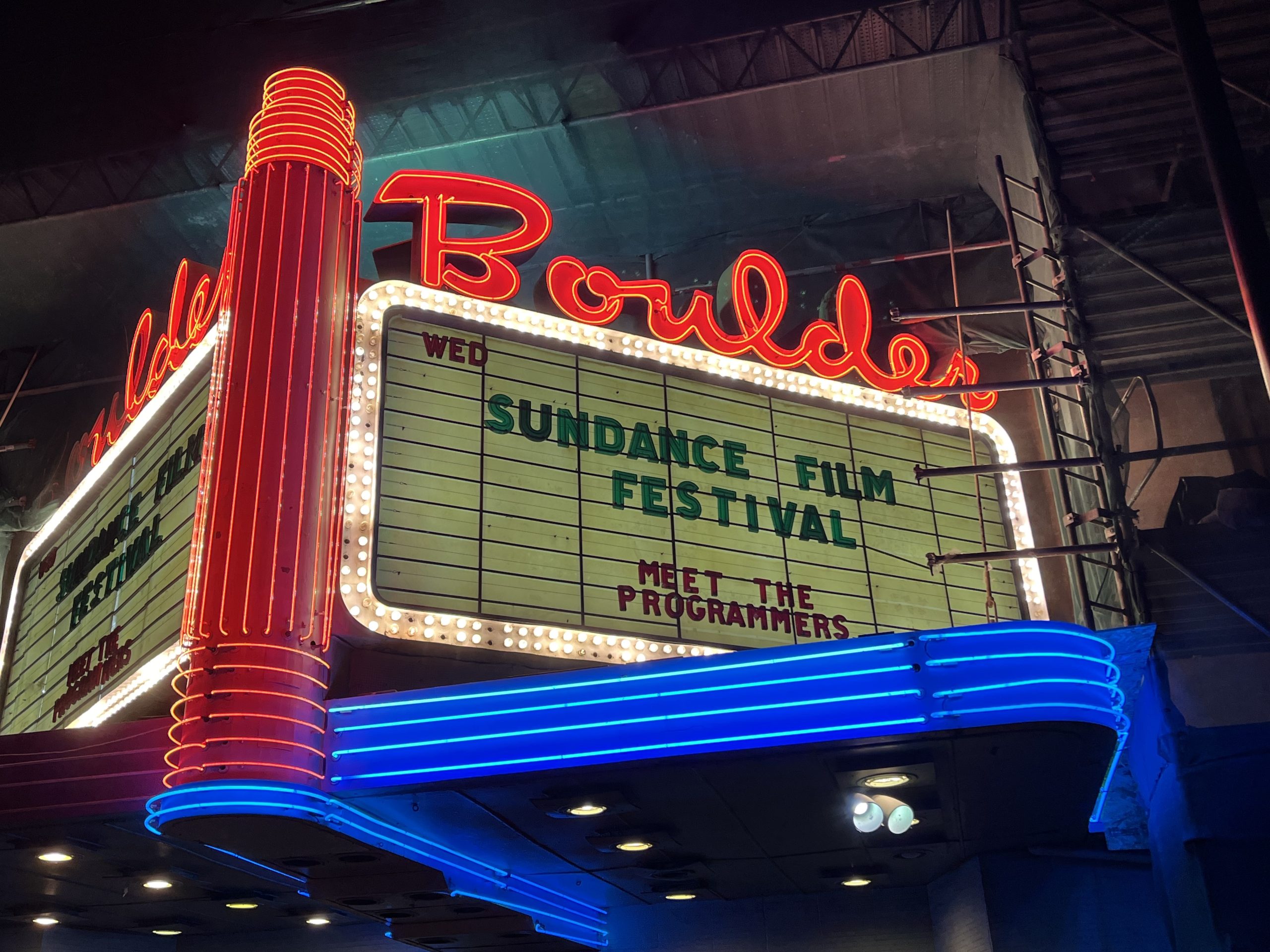 Boulder Theater marquee during Sundance Film Festival in downtown Boulder, Colorado, highlighting local arts, culture, and the Boulder lifestyle.