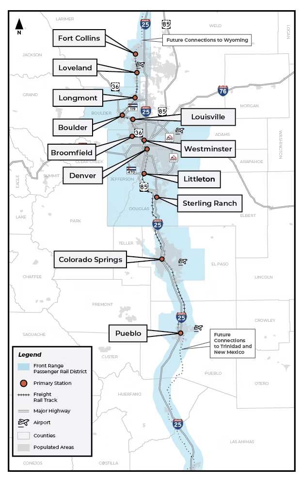Proposed Front Range Passenger Rail corridor showing Boulder as part of the Colorado Connector route.