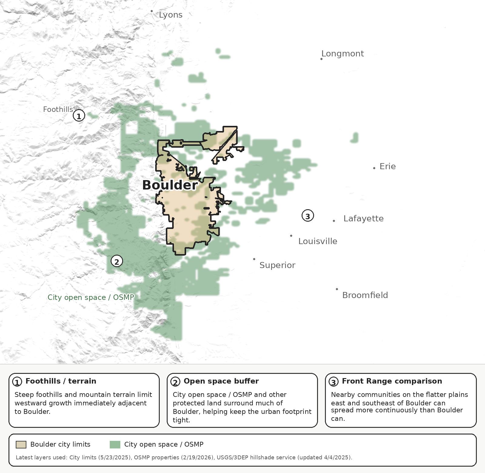 Map showing Boulder’s constrained geography compared with surrounding Front Range communities.