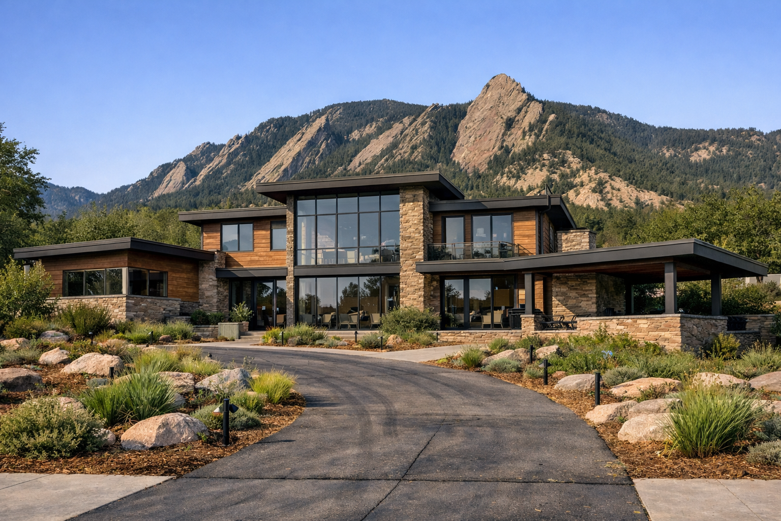 Large modern Boulder, CO mountain home with wood and stone exterior, expansive glass windows, landscaped driveway, and scenic peak views.