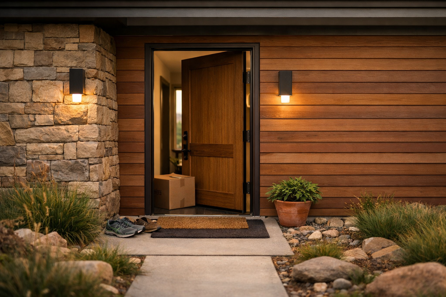 Modern Boulder, CO home entryway with stone and wood siding, open door, moving box, shoes, and native landscaping at golden hour.