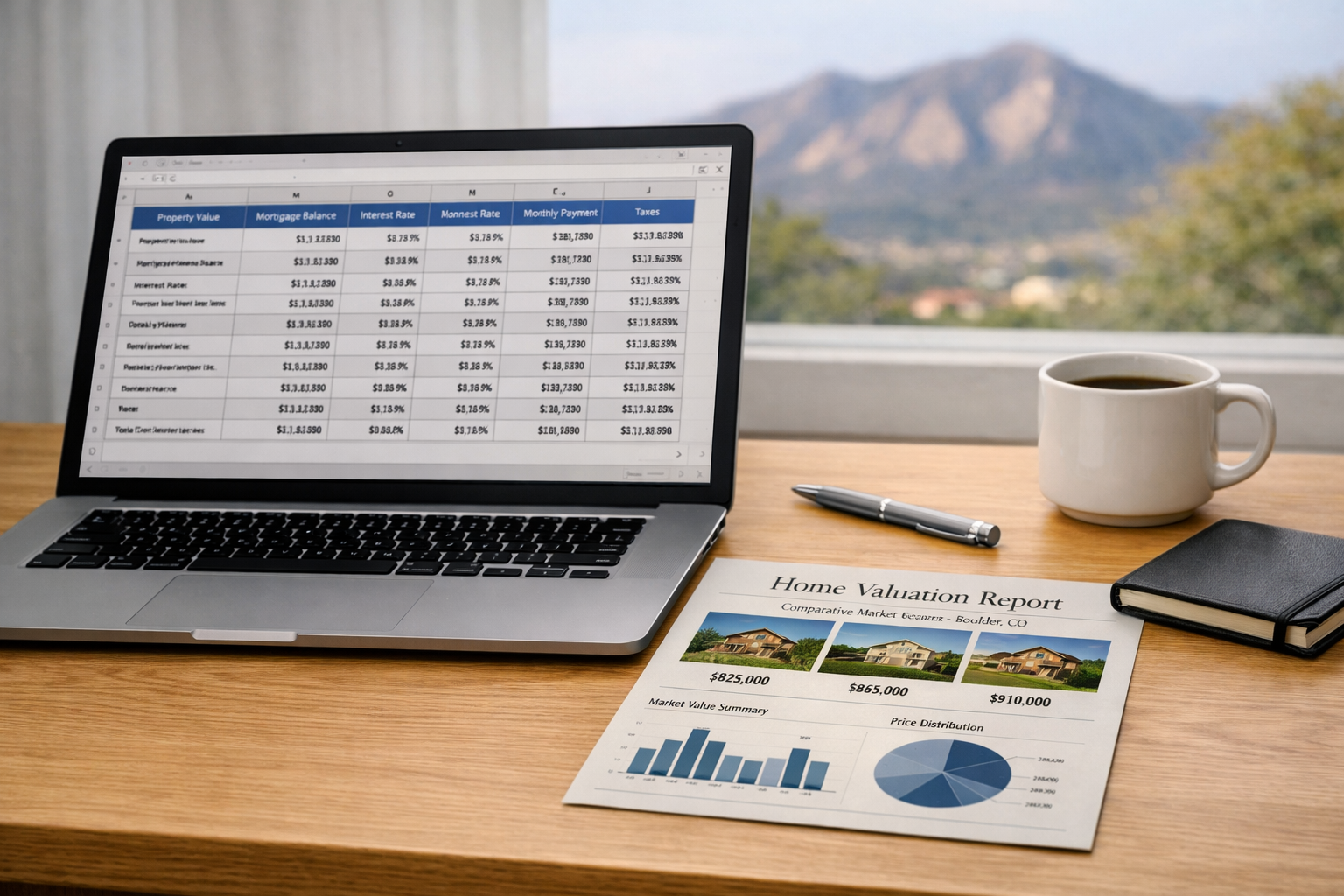 Laptop with home finance spreadsheet and printed Boulder, CO CMA report showing property values, charts, and coffee mug.