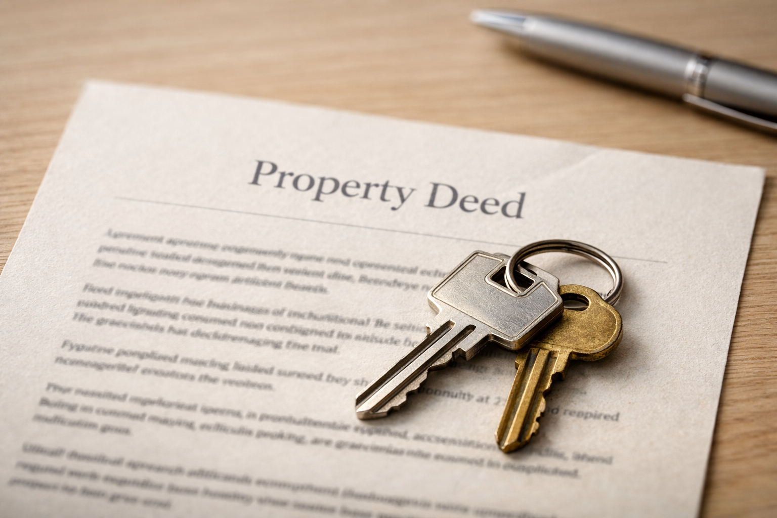Property deed document on desk in Boulder, CO with silver and brass house keys and pen, symbolizing ownership transfer after divorce.