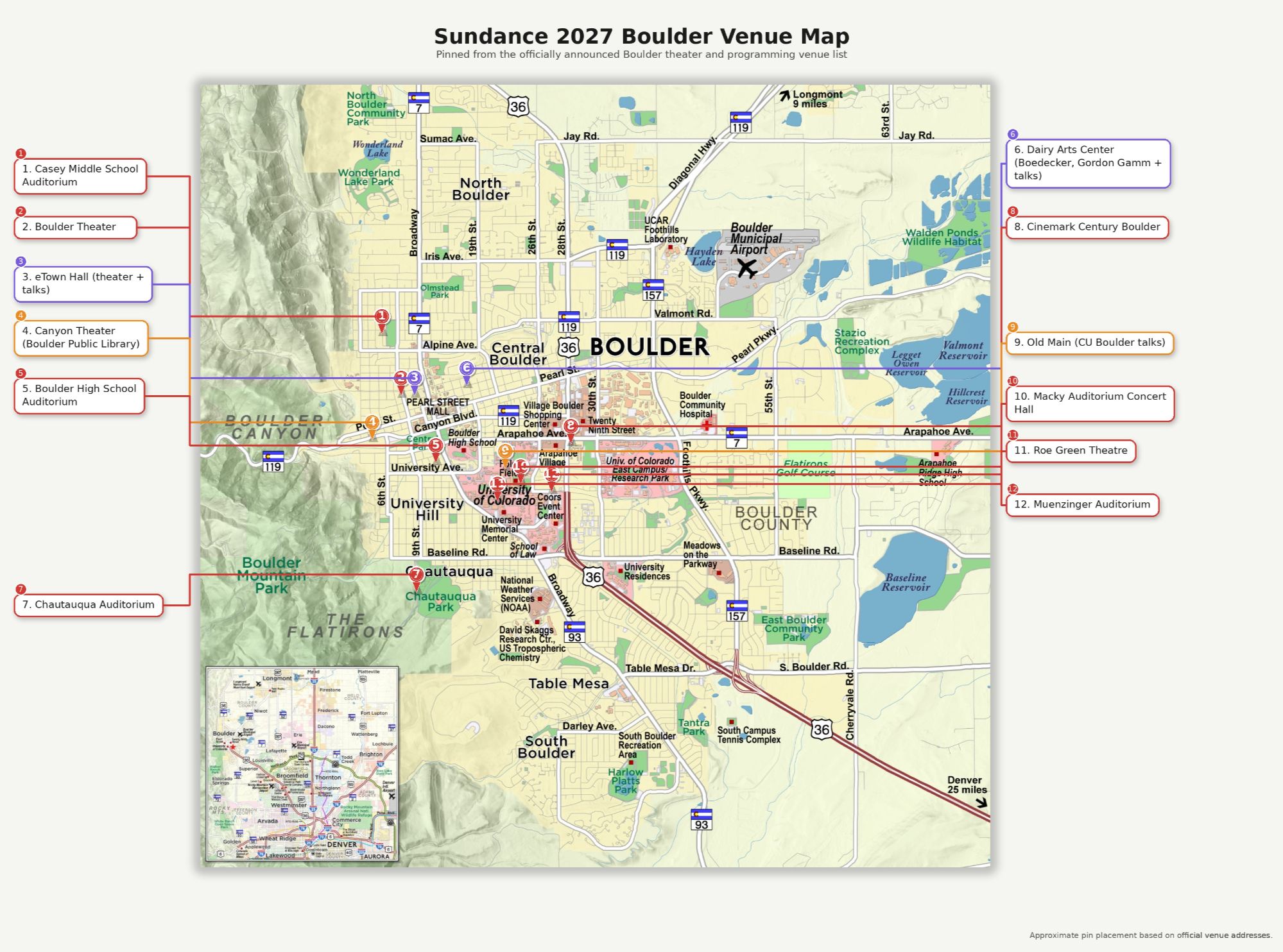 Map of Sundance Film Festival 2027 venues across downtown Boulder, CU Boulder, and the Dairy Arts Center.