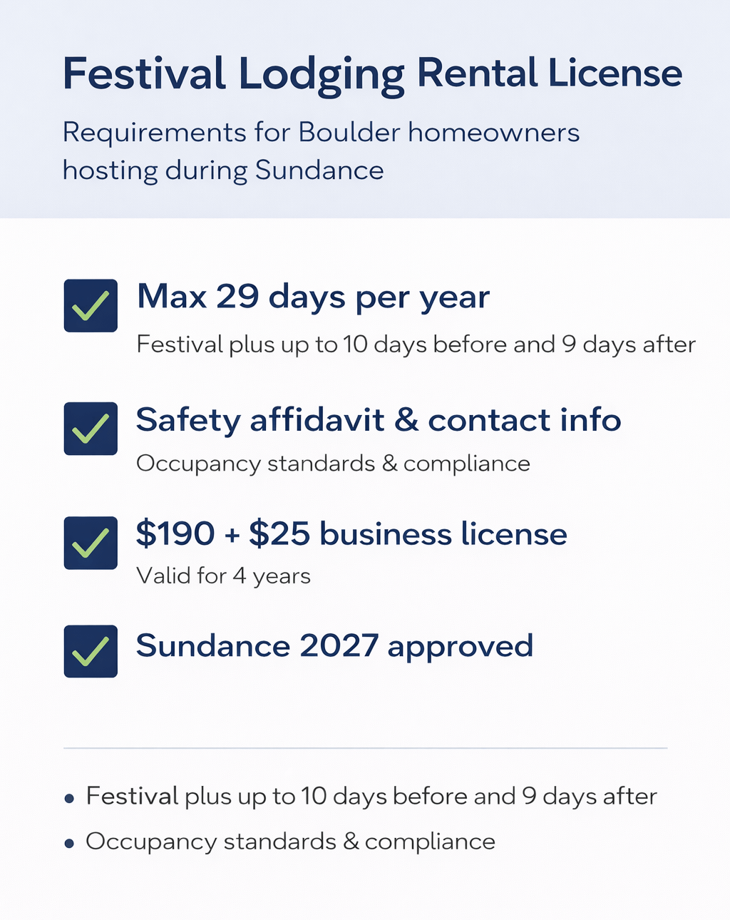 Festival Lodging Rental License checklist for Boulder homeowners hosting during Sundance.