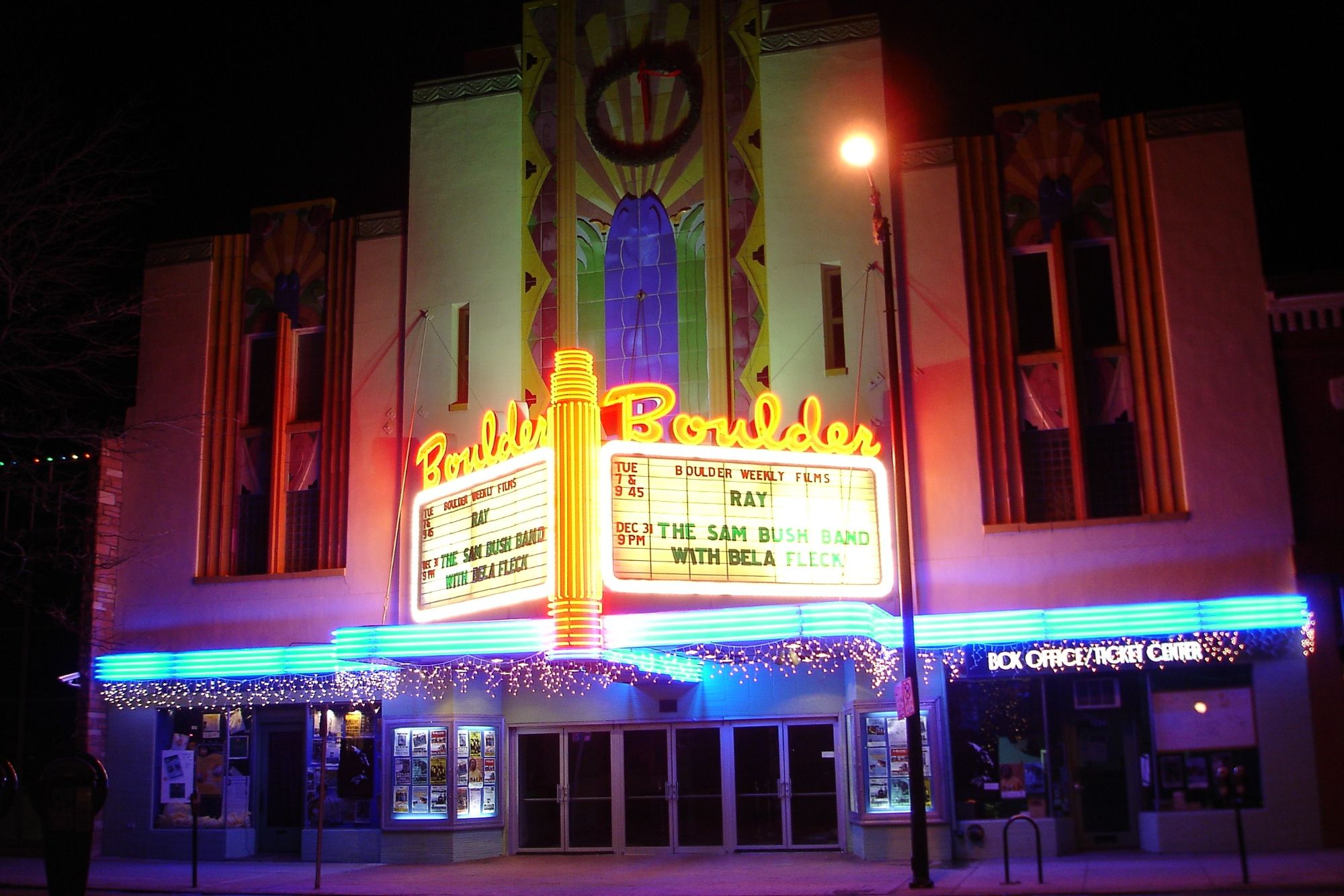 Boulder Theater marquee in winter ahead of Sundance Film Festival 2027 in Boulder Colorado.