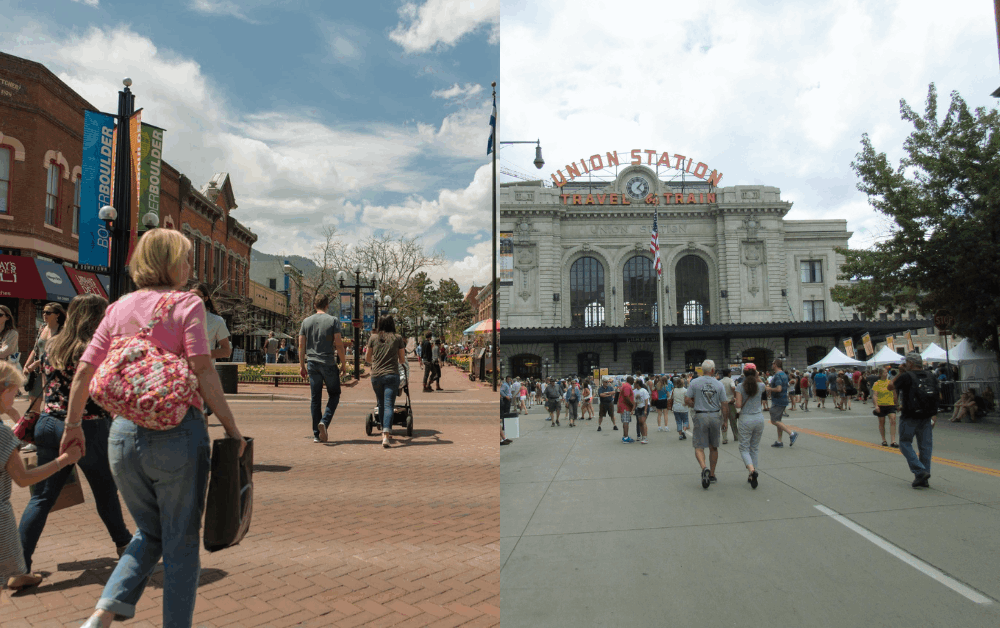 Walkable Pearl Street in Boulder compared with downtown Denver and Union Station access.