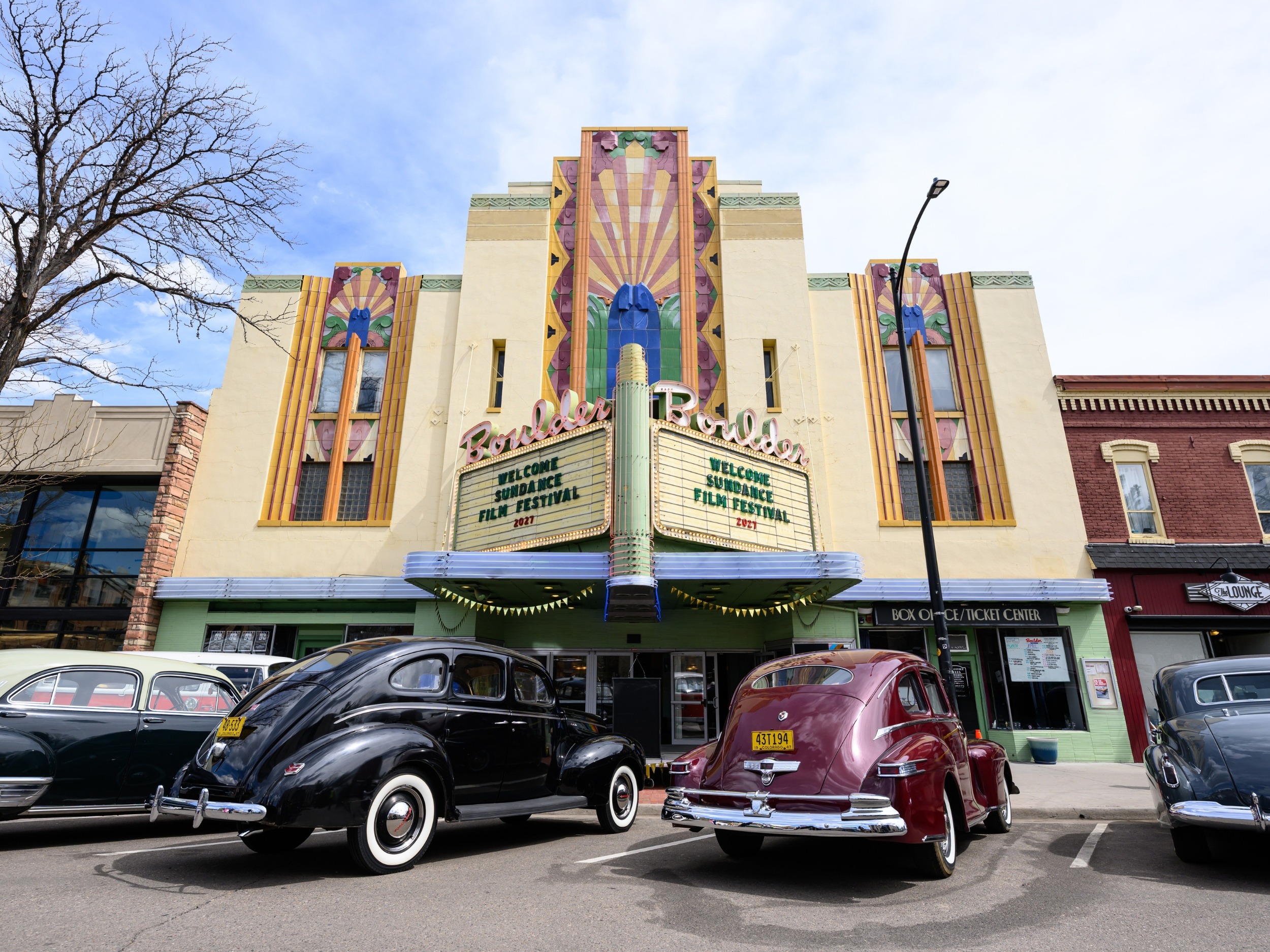 Historic Boulder Theater marquee in downtown Boulder during Sundance season.
