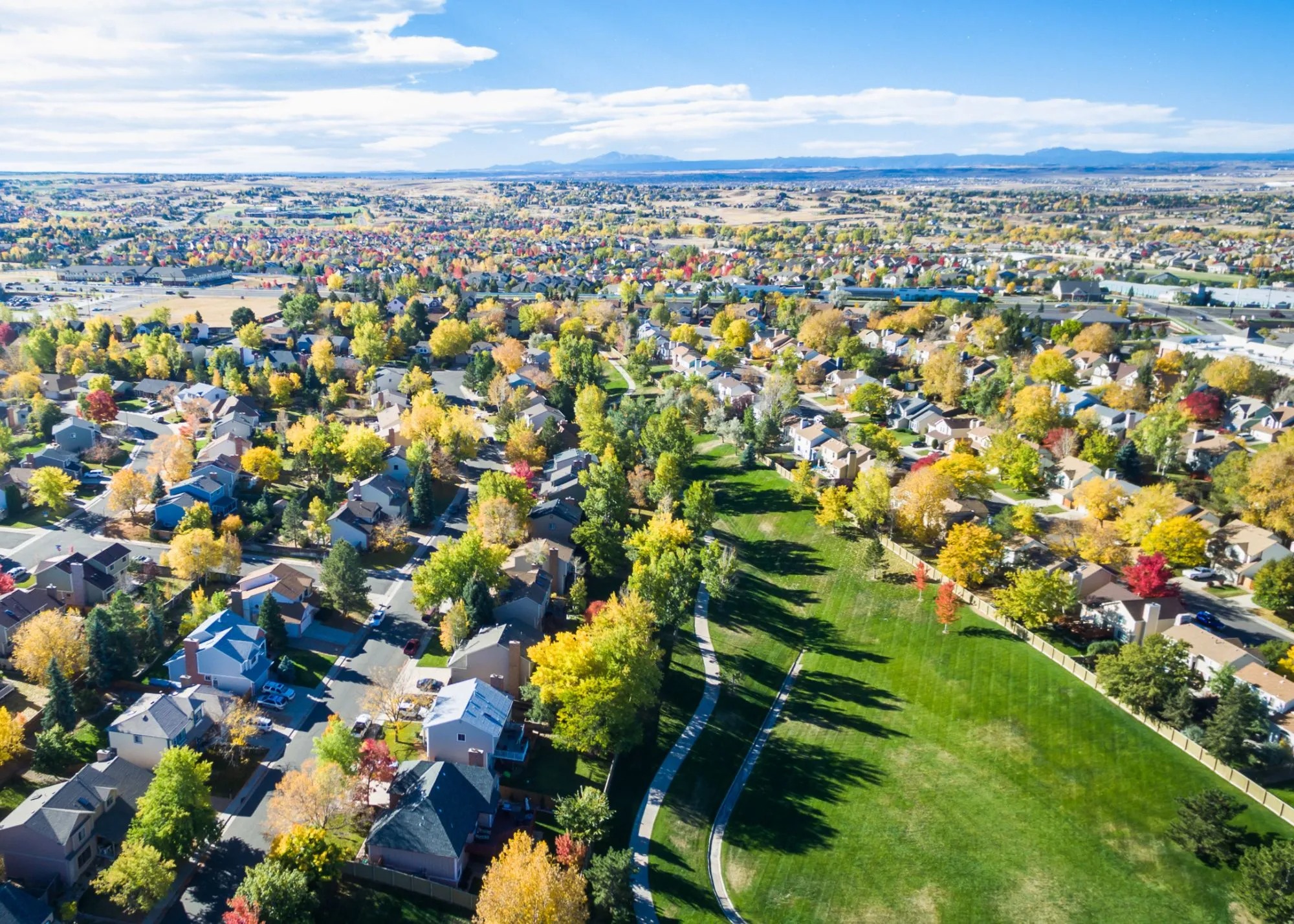 Aerial view of Boulder, Colorado neighborhoods and downtown near probate homes for sale.